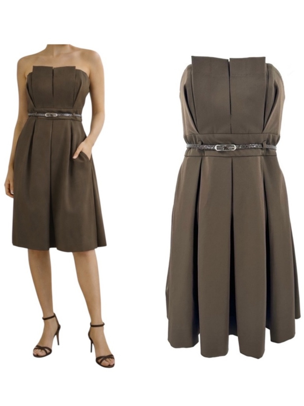 Black Halo Dress Womens Small Pleated Belted Pockets Cocktail Formal Glam NEW